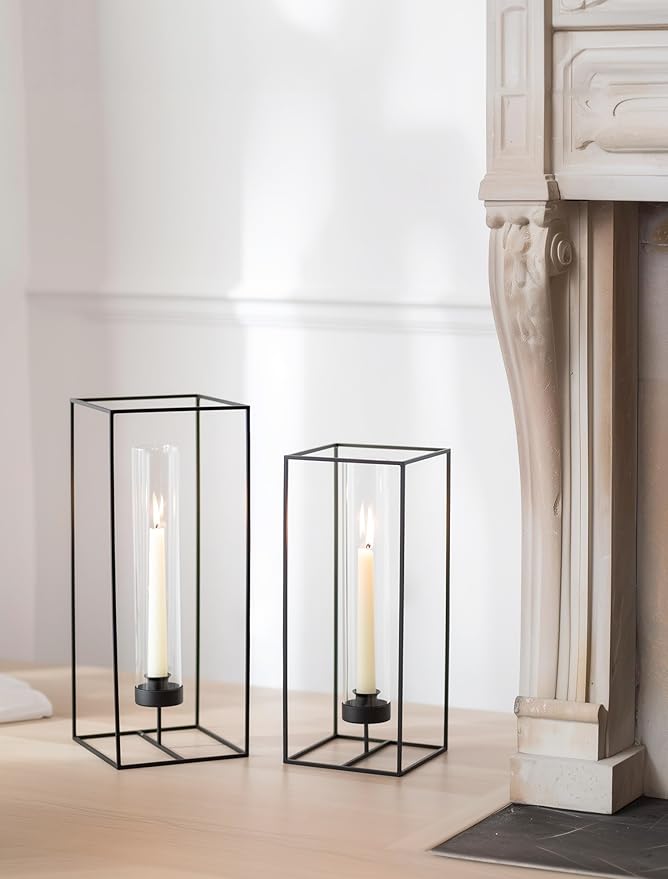 Sziqiqi Hurricane Candlestick Holders Black: Geometric Candle Holder for Taper - Glass Candle Stick Holder for Wedding Minimalist Candleholder Decor for Living Room Outdoor Set of 2