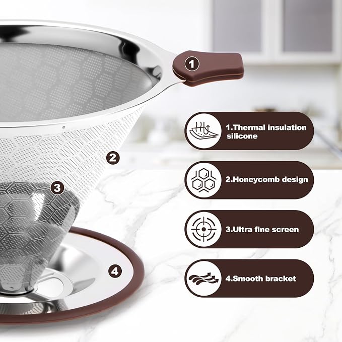 Pour Over Coffee Dripper, Stainless Steel Coffee Filter, Paperless Reusable Coffee Filter, Metal 600 Mesh Strainer Coffee Maker Single Cup Brewer (1-4 Cups)