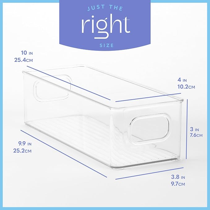 Plastic Food Storage Clear Container 2 Pack Bin with Handles for Organizing Kitchen, Pantry, Refrigerator, Freezer, Pantry, Cabinet, Closet, Bathroom. Stackable 10”x4”x3”