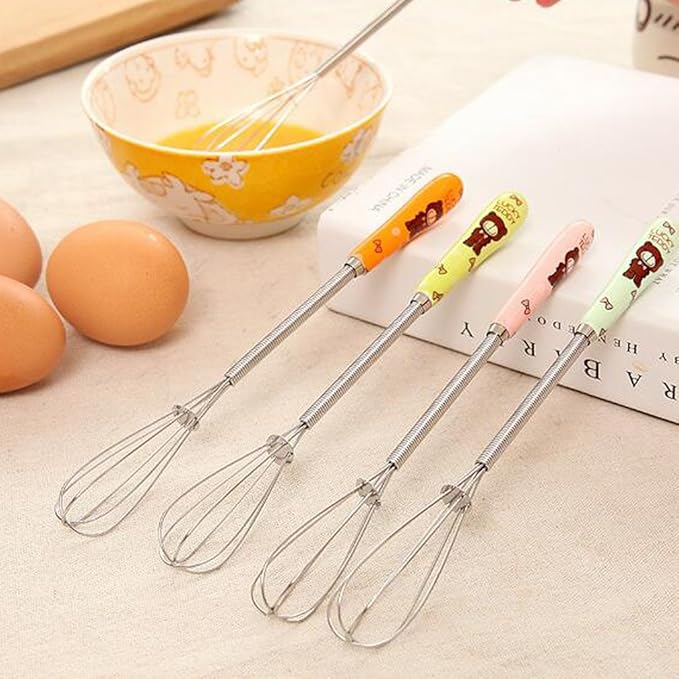 Verdental 4 Pieces 7 Inches Colorful Small Stainless Steel Whisks with Cute Cartoon Bear Handle Design Little Balloon Whisk for Mixing and Beating Eggs