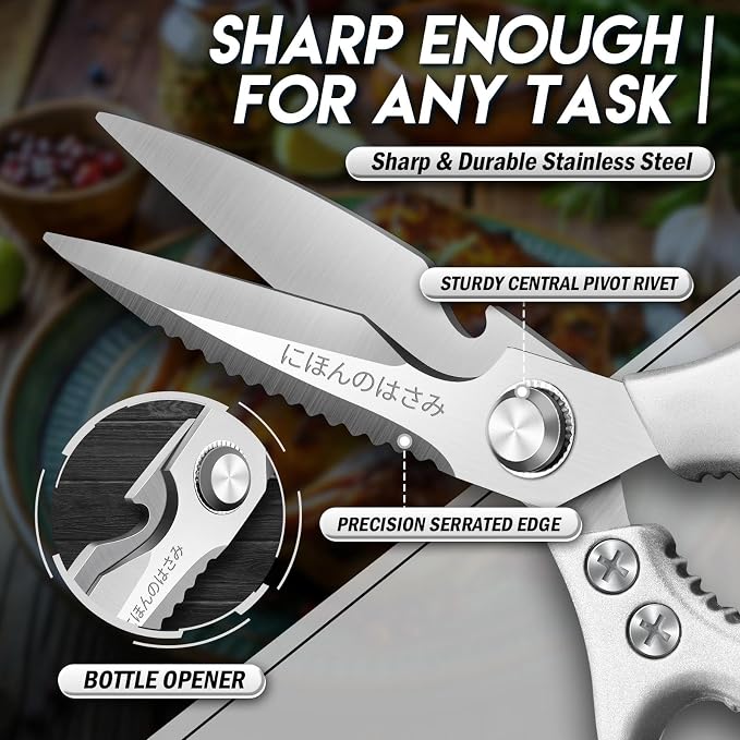 TIJERAS Kitchen Scissors Set Silver - Stainless Steel Kitchen Shears, Sharp Meat Scissors Dishwasher Safe, Heavy Duty Poultry Shears, Japanese Cooking Scissor for Food, Chicken, Gifts for Women
