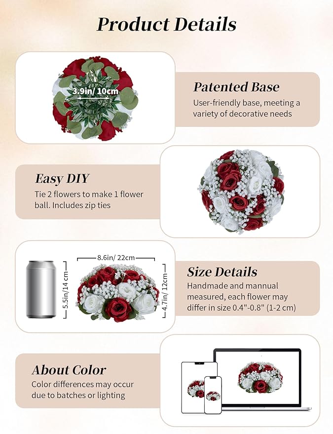 BLOSMON Fake Flowers Ball Wedding Centerpieces 10 Pcs Crimson Rose Babys Breath Artificial Flowers Center Pieces Decoration for Table Silk Kissing Floral Bouquet Arrangements for Home Party DIY Decor