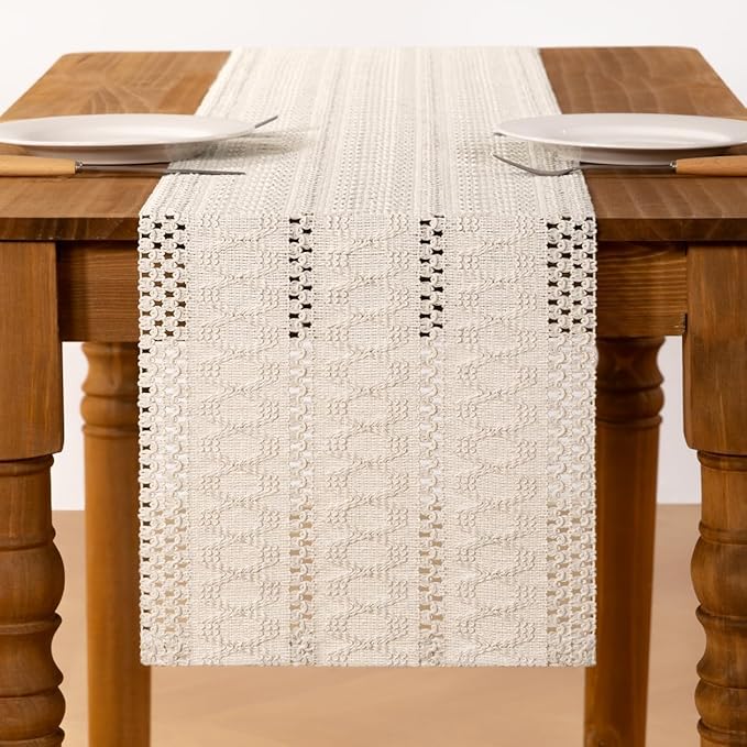 MLMC Ivory Boho Table Runner Farmhouse Macrame Woven Table Runner 48 inch Long Rustic Cotton Linen Blend Table Decor for Dinning Kitchen Wedding Bridal Shower Eveyrday Use 12x48 Inch