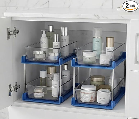 2 Pack Bathroom Organizer,2 Tier Blue Under Sink Organizers Vanity Countertop Storage Container,Cabinet Drawers Bins, Pull-Out Organization with Track for Pantry, Kitchen