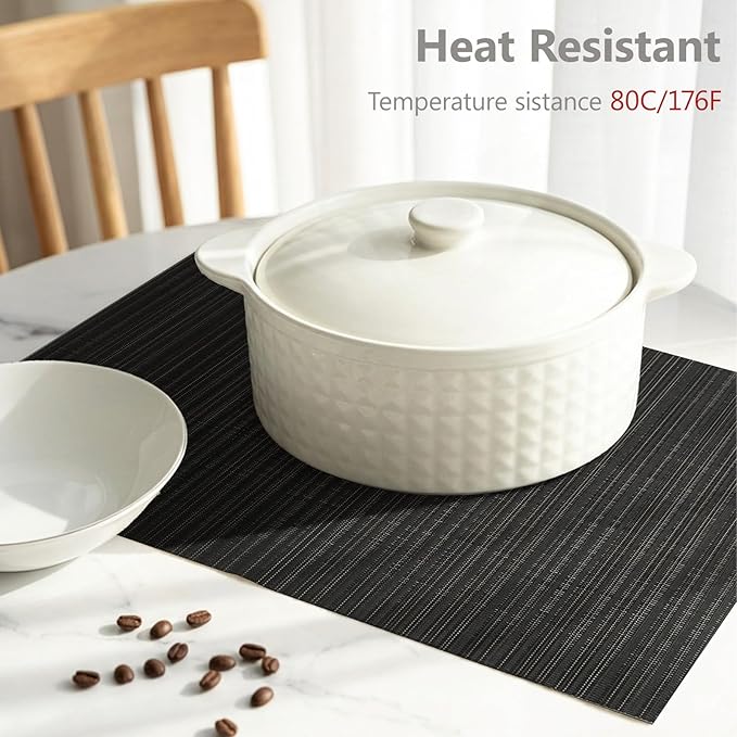 AHHFSMEI Placemats Set of 6 Woven Vinyl Non-Slip Heat Resistant Stain Resistant Easy Clean Place mats for Dining Table(Black)