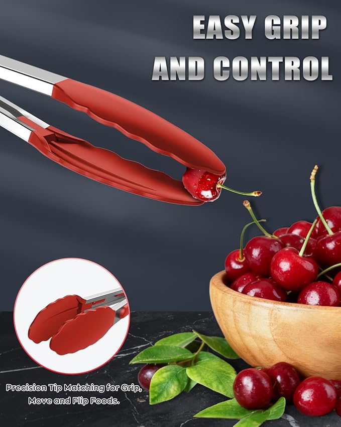 600ºF Heat Resistant Kitchen Tongs, Premium Locking Cooking Tongs with Silicone Tips, Non-Slip Food Tongs for Cooking, Non-Stick, Heavy Duty Stainless Steel Handle, Set of 3-7" 9" and 12" Multicolor