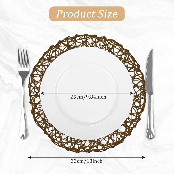 comfoyar Round Paper Braided Placemats Set of 6, 13 Inch Non-Slip Dark Brown Hand Woven Place Mats, Natural Table Mats for Indoor Outdoor Kitchen Dining Party Table Decoration