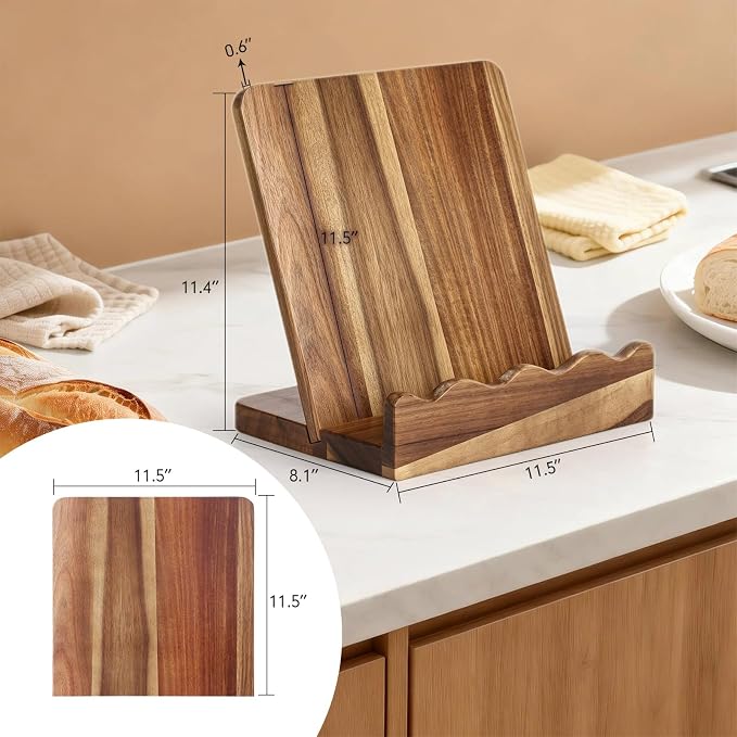 Scalloped Acacia Wood Cookbook Stand, 2-in-1 Holder & Serving Tray | Material: Acacia Wood , Food-Safe | Design: Scalloped Edge, Folds Flat to 1.5" |cookbook stand for kitchen counter