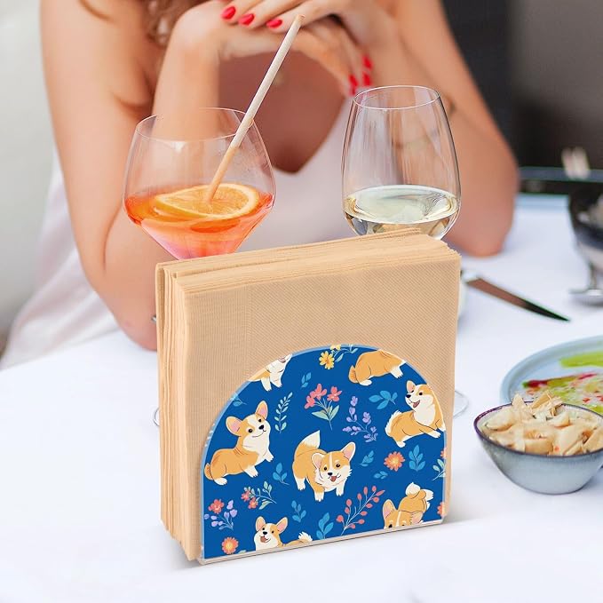 Cute Corgis Dog with Floral on Cobalt Blue Background Napkin Holder for Table Acrylic Cocktail Napkin Holders Small Decorative Napkin Dispenser for Home Party Holiday Dining Kitchen Accessor, 2 Pack