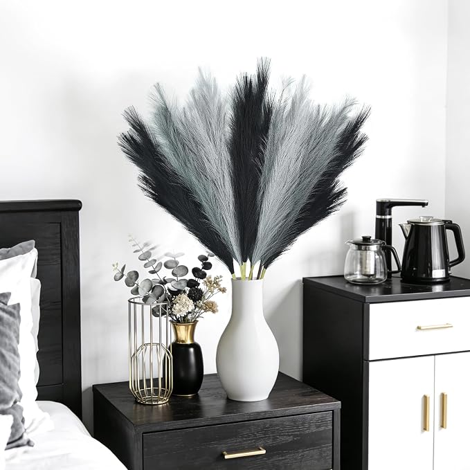 TORONTOKYO 8Pcs Black and Grey Faux Pampas Grass Tall Decor, 35.4” Fluffy Artificial Pompous Grass Branches, Large Pampas Grass Reed Stems for Floor Vase Filler, Wedding, Baby Shower, Home Boho Decor