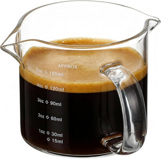 Yardwe 5oz Espresso Measuring Cup with Handle, Double Spouts Shot Glasses for Coffee Accessories and Measuring Milk Frother Pitcher