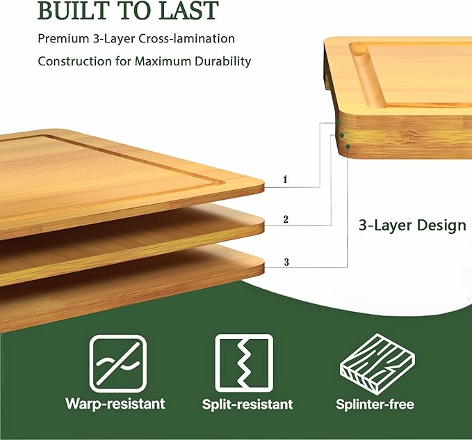 Cutting Boards for Kitchen,Bamboo Cutting Board Set of 2, Large and X-Large Carbonized Chopping Boards with Deep Juice Grooves and Handles for Meat, Bread, Dough Kneading and Cheese