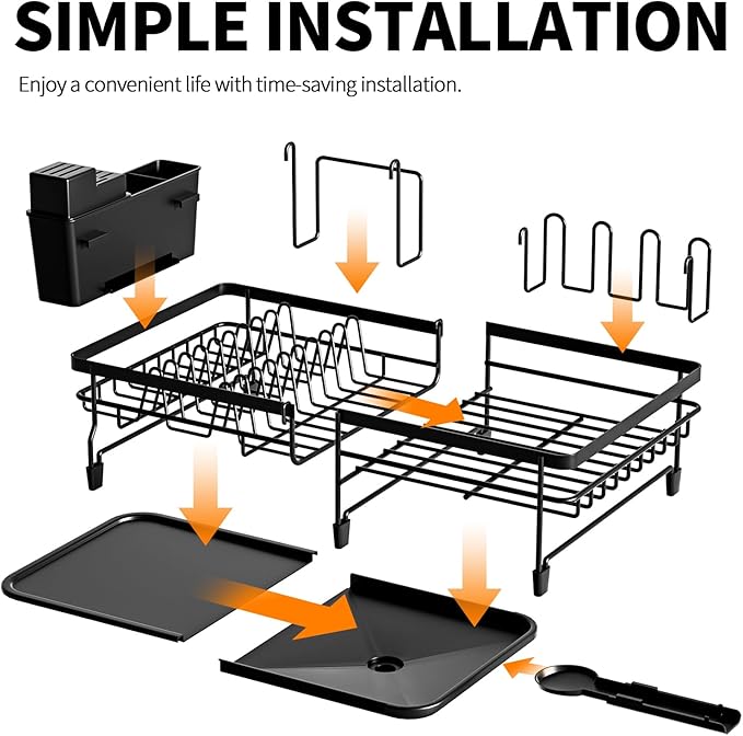 Extendable Dish Rack - a Rust-Resistant Dish Rack Suitable for Kitchen countertops, Featuring Adjustable Support Legs, a Cutlery Rack, and a Removable Drain Tray.