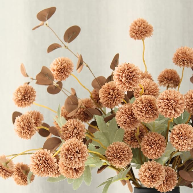 RyddeligHome Brown Mums Artificial Flowers, 10 Faux Mum Stems with 2 Eucalyptus Branches, Realistic Fall & Winter Floral Arrangement for Vases, Brown Centerpieces for Tables