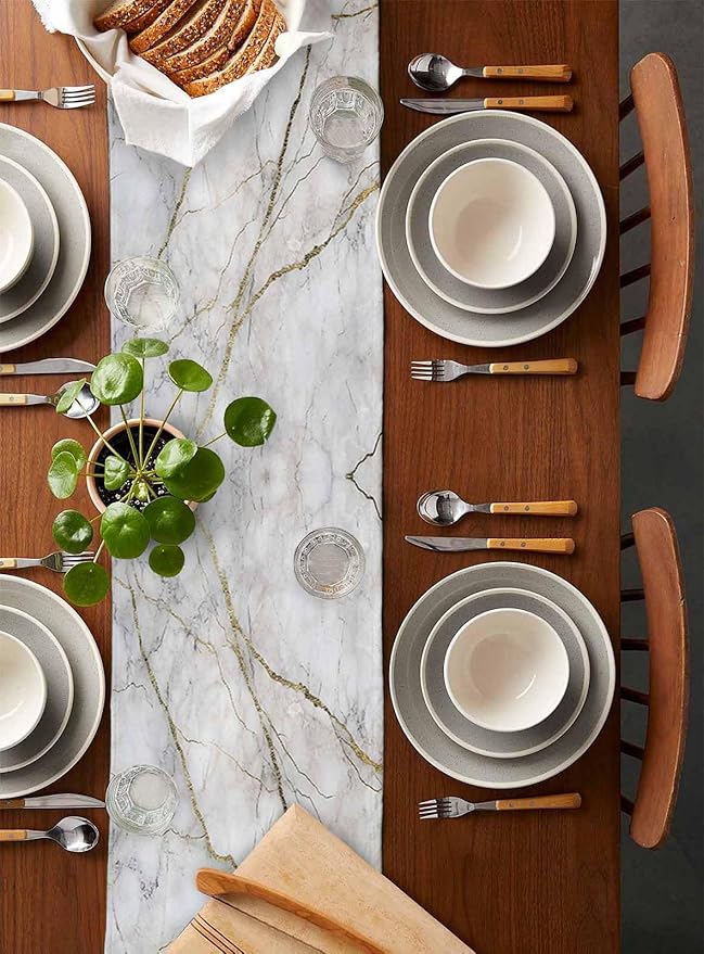 Marble Table Runner-Cotton Linen-Small 36 inches White Gray Gold Dresser Scarves,Texture Tablerunner for Kitchen Coffee/Dining/Sofa/End Table Bedroom Home Living Room,Scarf Decor for Holiday Dinner
