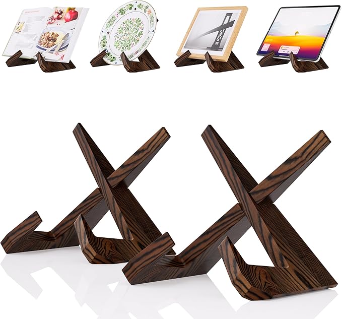Cookbook Stand for Kitchen, Wooden Cook Book Holder, Plate Stands for Decor Display, Recipe, Counter, Photo, Gift(Rustic Brown) (6.5in-2P)