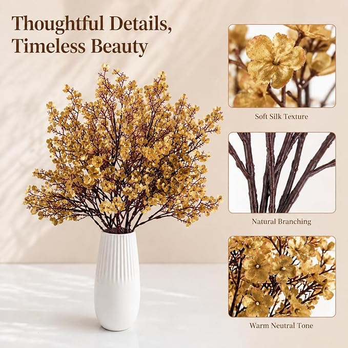 Mandy's Gold Artificial Baby’s Breath Flowers 15 Bundles Silk Gypsophila, 18.5 Inch European Style Modern Home Decor Centerpiece, Neutral Wedding Flower Arrangements