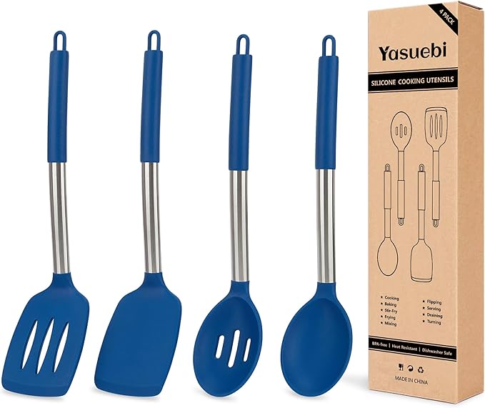 Kitchen Utensils Silicone Cooking Utensils Set for Nonstick Cookware Silicone Cooking Kitchen Utensils Set Perfect for Baking and Mixing Spatula Set BPA Free Dishwasher Safe Blue 4 Pack