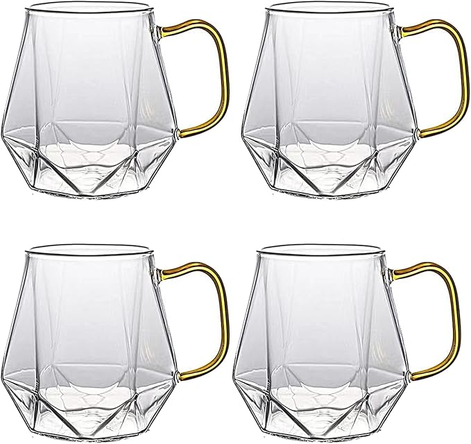 AEFPOYMXU 4pcs Crystal Clear Glass Coffee Cups Set with Handle,Espresso Mugs for Hot Espresso Liquor Microwave Safe coffee cups 10oz