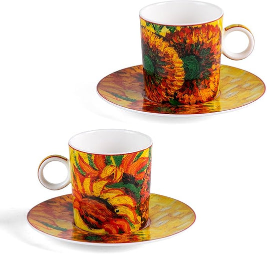 KAMMAK Tea Cups and Saucers Set of 2, Fine Bone China Coffee Cups, Stackable Espresso Mugs, Ceramic Demitasse for Coffee, Cappuccino, Latte, Americano, Tea, Small - Sunflower Oil Painting