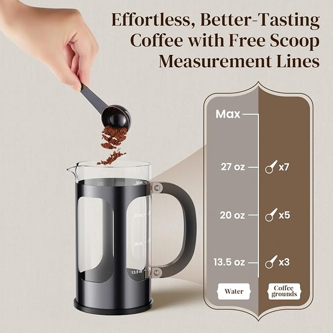 Veken French Press Coffee Maker,No Plastic Touching Cafe,34oz 1L Cafetera,Heat Resistant Thickened Borosilicate Glass Stainless Steel Pot for Kitchen,Travel,Camping,Tea, Gifts, Dark Pewter (Pack of 2)