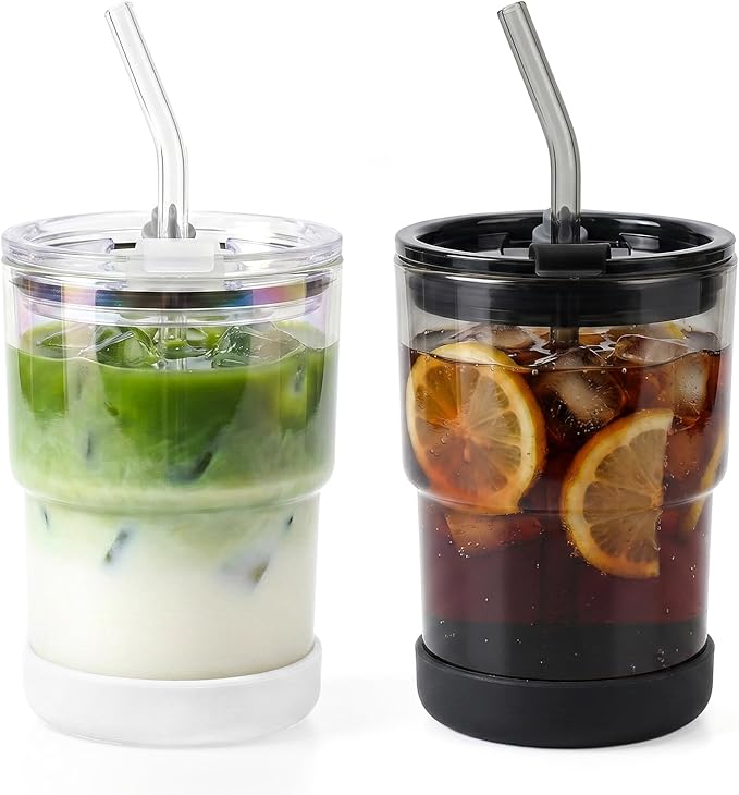 13 Oz Glass Cups with Lids and Straws, Reusable Iced Coffee Water Tumblers, Sealed Carry-On Thick Wall Drinking Cups for Cold Brew, Smoothie, Juice (2 Pack-Aurora,Black)