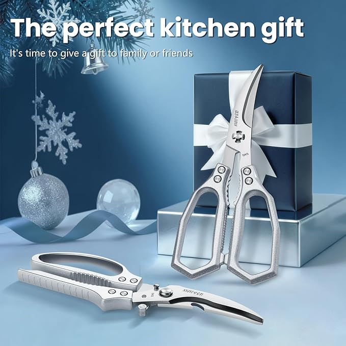 HUUSK Silver Kitchen Scissors Set - Heavy Duty Kitchen Shears for Poultry & Sharp Seafood Scissors for Crab, Shrimp, Lobster, Nuts - Christmas Gift for Men and Women