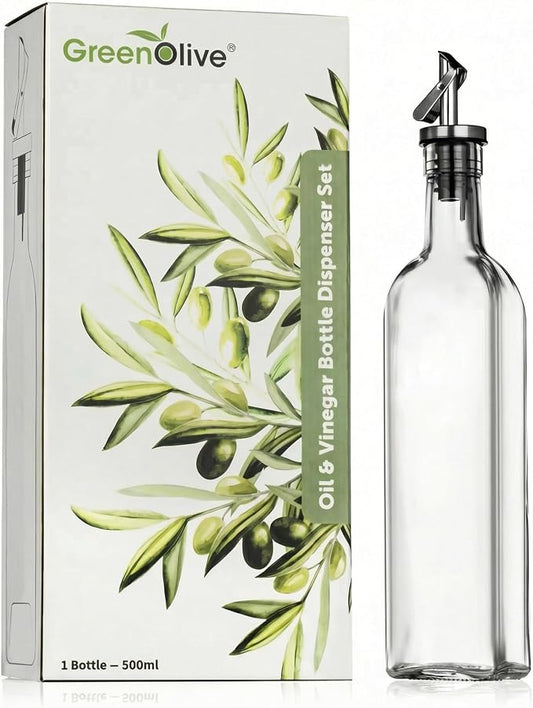 GREENOLIVE Olive Oil Dispenser Bottle - 17 oz. Clear Glass Bottle with No-Drip BPA-Free Spout - Ideal for Kitchen and Cooking Essentials - Single Bottle