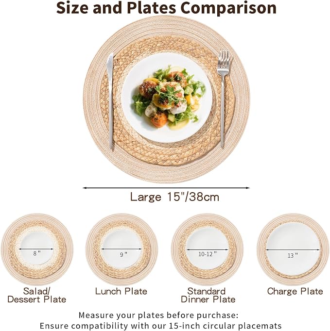Handmade Round Boho Placemats Set of 4 | Natural Woven & Polyester Braided Combo Table Mats | 8-Piece Versatile Place Mats | Simple Rustic Farmhouse Style Dining Table Decor