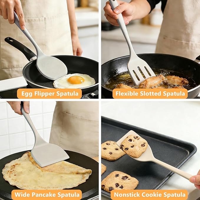 Silicone Spatula Turner Set, 600°F High Heat Resistant Spatulas for Cooking, BPA Free, Large Flexible Kitchen Utensils Flipping Eggs, Pancakes, Fish, Burgers, Dishwasher Safe (4 Pack, Khaki)
