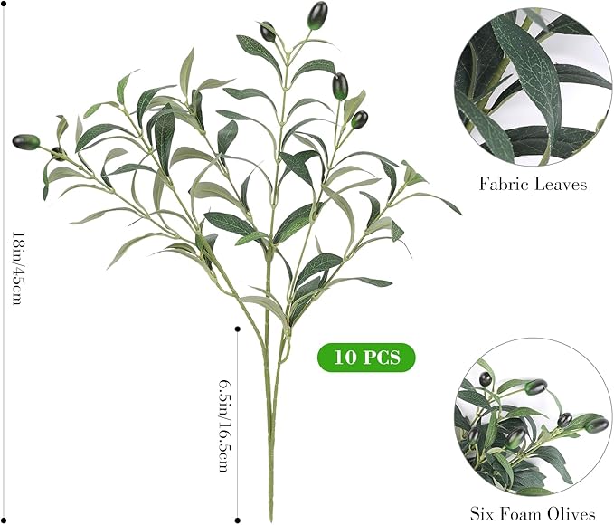 18inch 10PCS Artificial Olive Branches for Vase Faux Olive Stems Fake Greenery Olive Leaves with Lifelike Fruits Tabletop Decor for Centerpieces Indoor Floral Arrangements