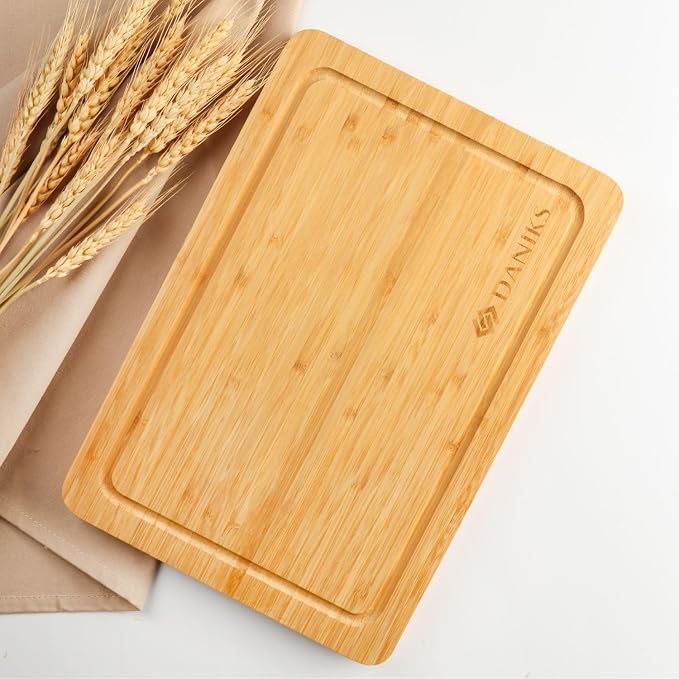 Daniks Bamboo Cutting Board Set of 2 with Juice Groove, XL 16x12 & L 13x9 in – Cutting Boards for Kitchen, Meal Prep, Serving & Charcuterie, Heavy‑Duty