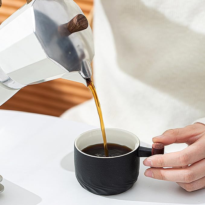 2.5oz Ceramic Espresso Cups with Wooden Handle, Chinese KungFu Tea Cup, Coffee Cups Set of 4 (Black/White)