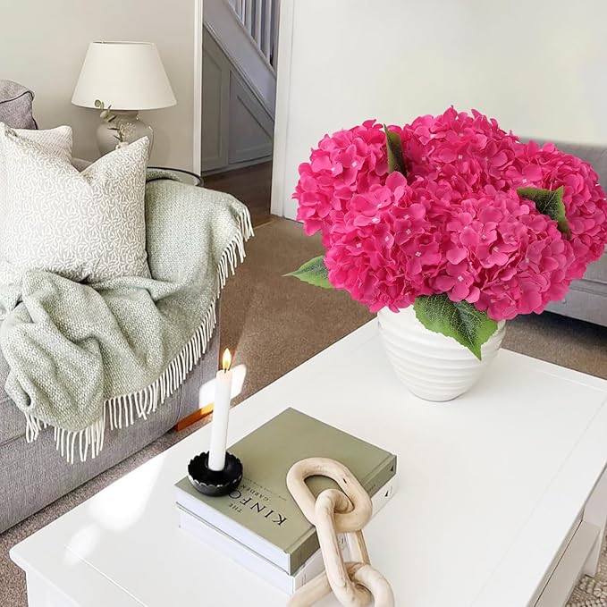 JINWOE Silk Hydrangea Artificial Flowers, 5Pcs 20Inch Large Lifelike Faux Flowers, Full Fake Artificial Hydrangeas with Stems for Bouquet Table Centerpieces Home (Fuchsia)