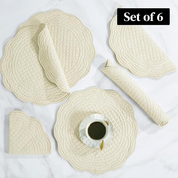 HOMBYS Quilted Placemats Set of 6 Washable Round Placemats for Kitchen Table-100% Cotton Fabric 14 Inch Round Table Mats, Cotton Fabric with Microfiber Filling, (14"x14", Flax)