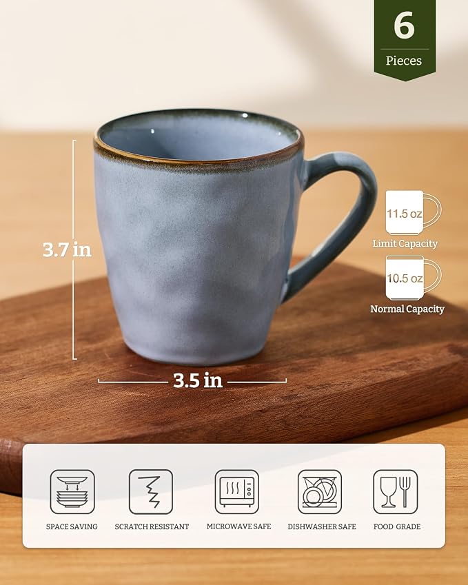 famiware Coffee Mugs Set of 6,Ocean Round 11.5oz Coffee Cup Set with Handle for Cocoa, Milk, Hot Chocolate, Tea or Water, Stoneware Cups for Kitchen, Reactive Glaze, Microwave Dishwasher Safe, Blue