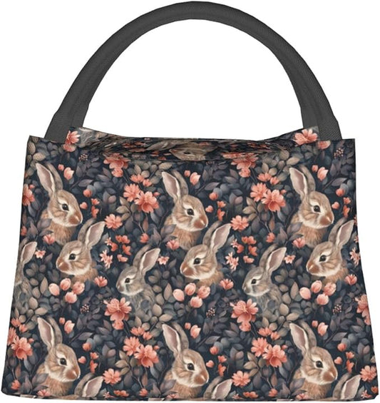 Adorable Bunny Floral Animal Lunch Box for Women Girls Adults Insulated Vintage Rabbit and Flower Lunch Bag for Work Picnic Camping Travel Gifts Large Capacity Cooler Thermal Reusable Tote Makeup Bags