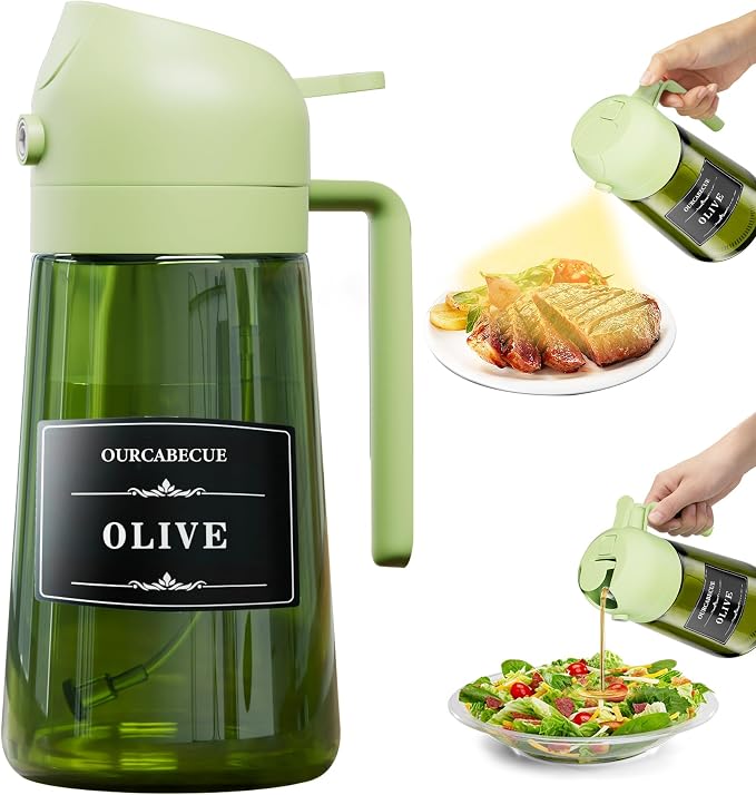 OURCABECUE 2 in 1 Olive Oil Sprayer for Cooking, 16oz/470ml Olive Oil Dispenser Bottle for Kitchen, Light-Blocking Dark Glass Oil Bottle, Food-Grade Oil Mister with 8 Oil Stickers (Green Bottle-Cap)