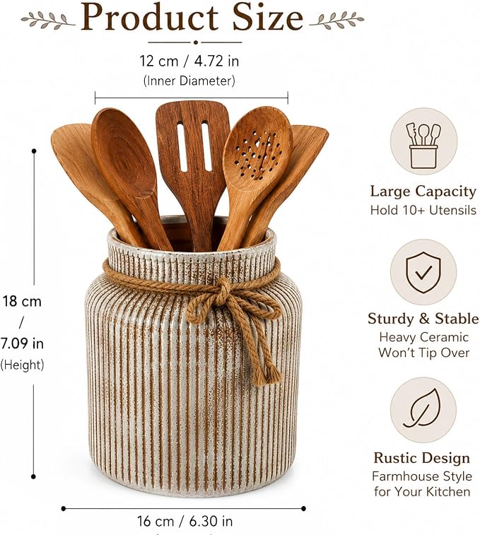 Farmhouse Ceramic Kitchen Utensil Holder for Countertop,Retro Country-Style Vertical-Striped Hemp Rope Design,Modern Kitchen Counter Organizer for Cooking Utensils ,Kitchen Decor & Decorative Vase