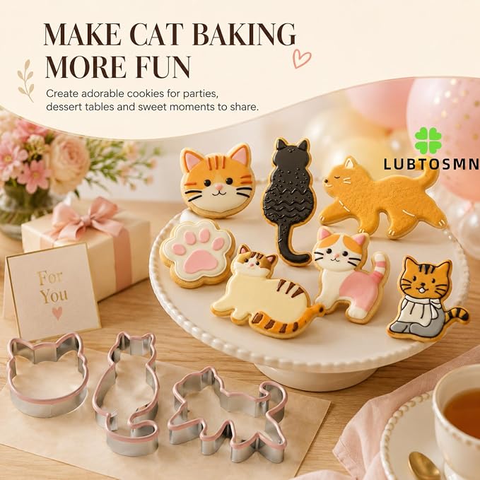LUBTOSMN 8 Piece Cat Cookie Cutters Set, Silicone Rim Baking Set | Dishwasher-safe stainless steel cutters for cookies, fondant, sandwiches, cat parties and home baking treats.