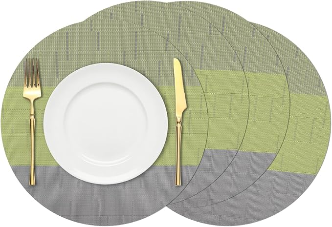 Round Placemats Set of 4, 15 Inch Woven Vinyl Heat Resistant Place Mats, Washable Non Slip PVC Table Mats for Kitchen Dining Party Outdoor Table Decor (Gray Grass Green, 4)