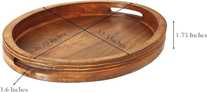 Croft&Cane Solid Wood Serving Tray - 16.75 x 12.5 Inch Oval Decorative Ottoman Tray - Hand-Carved Ribbed Design - Natural Wood Tray with Handles for Coffee Table, Kitchen, Breakfast & Décor