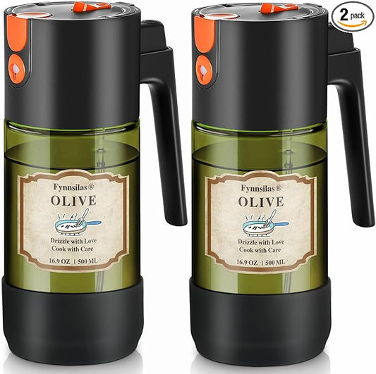 2-IN-1 Oil Sprayer for Cooking with 8 Stickers Light-Blocking Dark Glass Olive Oil Dispenser Bottle for Kitchen 500ml/16.9oz Oil Mister for Air Fryer, BBQ,Salad Even Spray with Portion Control-2PC