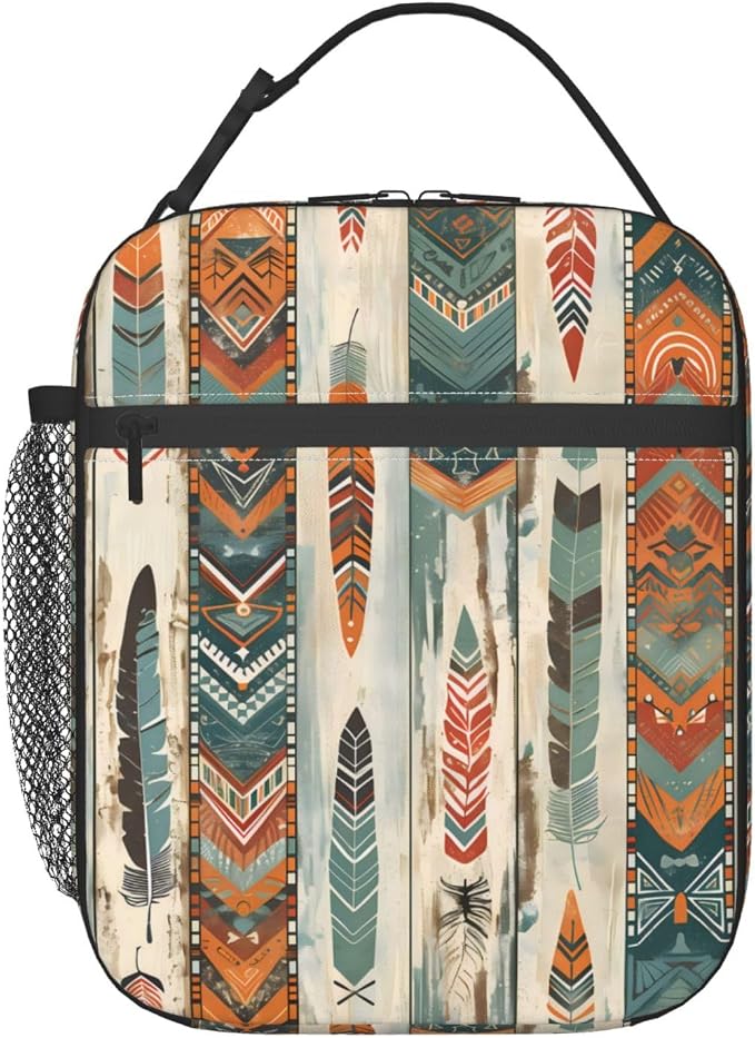 Reusable Western Aztec Lunch Box for Kids Girls Women Adult, Insulated Native American Boho Feather Lunch Bag,Polyester Cooler Handbags Case for School Picnic Work Travel Beach or Hiking