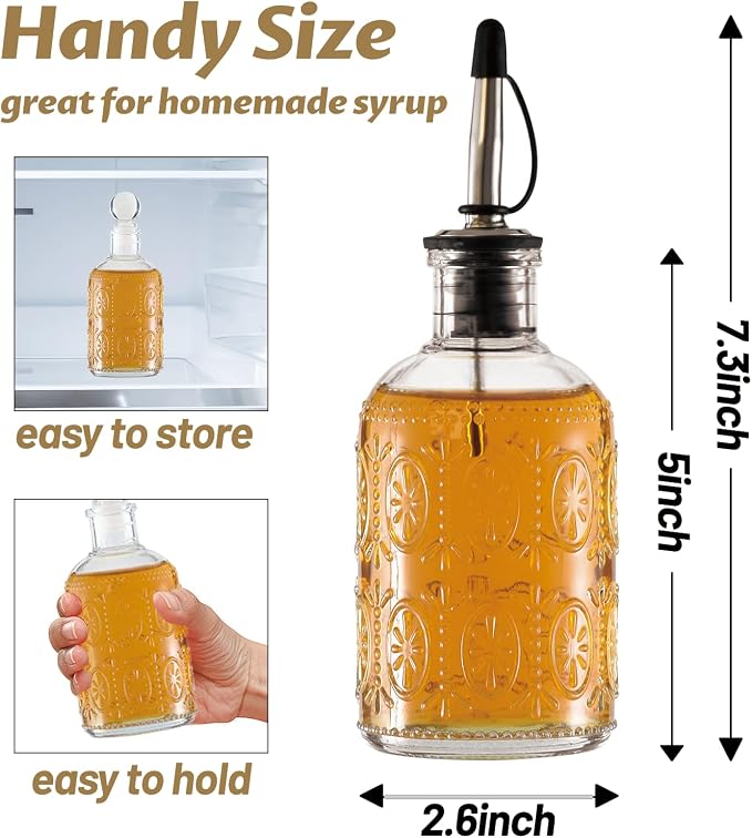 Retro Glass Syrup Dispenser Bottle 7oz, Oil and Vinegar Cruet with Stainless Steel Pour Spout, Labels, Funnel & Stopper(Antique Daisy)