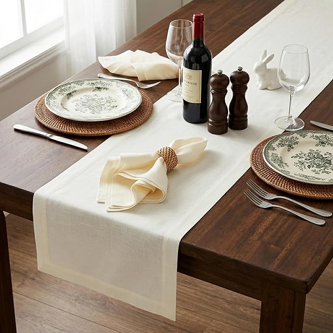 Solino Home Linen Ivory Table Runner 156 Inches Long - 100% Pure Linen Extra Long Table Runner 14 x 156 Inch for Spring, Summer - Fete