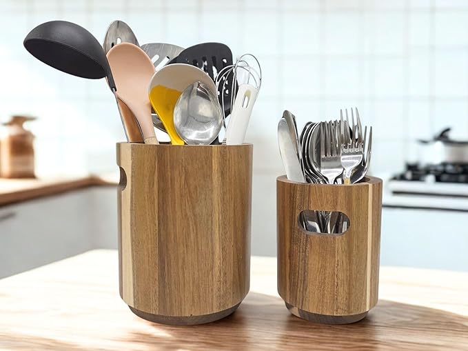 Acacia Wood Utensil Holder for Kitchen Counter, Large 360° Rotating Wooden Utensil Crock Organizer with Divider, Farmhouse Cooking Utensil Holder for Countertop
