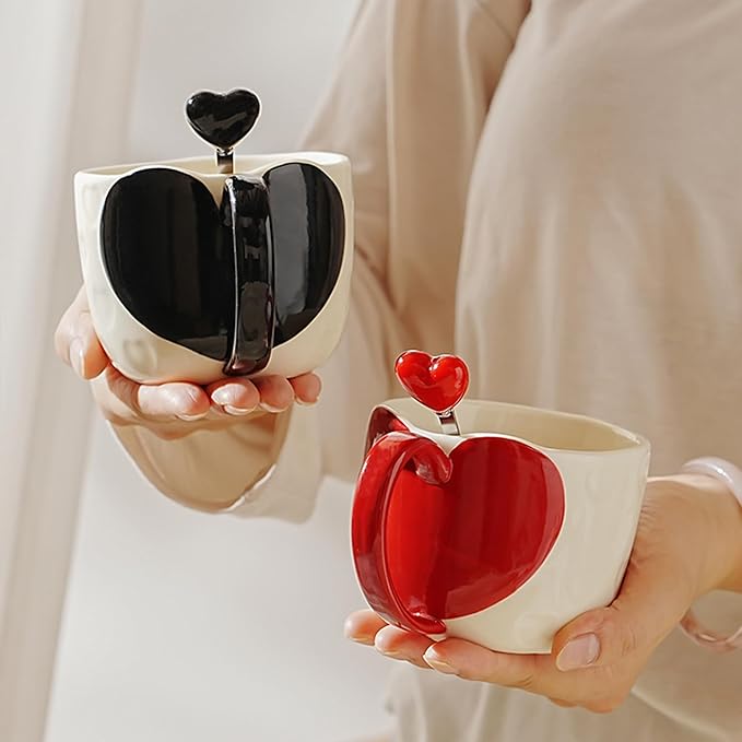 Disoza Heart Coffee Mugs Gift Valentine's Day 2 Pcs Coffee Mugs Wedding for Bride and Groom Wedding Engagement Christmas Gifts for Couples Ceramic Cups Set Heart Shaped Coffee Mug