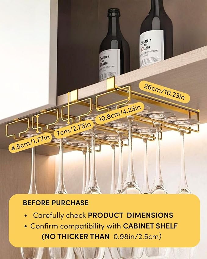 LINFIDITE Gold Under Cabinet Wine Glass Holder, 2 Pack, Space Saving, Easy Installation, Anti-Skid, Compact Design, Sturdy Materials, Affordable Gift