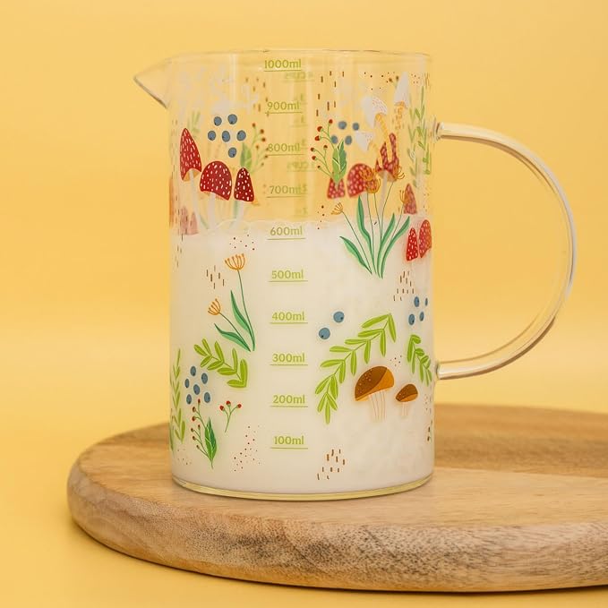 Steel Mill & Co. 1000mL Glass Measuring Cup for Liquid, Mushrooms | Glass Beaker Kitchen Tool, Cottagecore, Hippie, Fairycore Kitchen Aesthetic Home Decor and Accessory